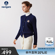 Navigare意大利小帆船女士毛衣秋冬季新款純綿羊毛長(cháng)袖開(kāi)衫通勤針織外套 海軍藍 M