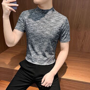 以純新款設計感扎染短袖T恤男士春秋款潮牌內搭男裝2025新款半高領(lǐng)打底衫 黑灰色 S 80-90斤