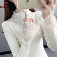 AEMAPE加絨厚加厚毛衣女外穿秋冬新款修身針織洋氣內搭上衣蕾絲打底衫 波點(diǎn)花邊杏色 M 95-105斤