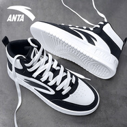 安踏男鞋皮面防潑水板鞋冬季保暖高幫韓版潮厚底學(xué)生跑步休閑運動(dòng)鞋子 -1黑/象牙白 41