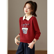 拉夏貝爾（La Chapelle）休閑慵懶風(fēng)翻領(lǐng)刺繡針織衫女秋冬2025灰色毛衣洋氣打底衫內搭上衣 紅色 L 110-120斤