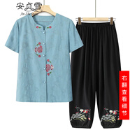 安貞雪純棉中老年女裝老年人衣服夏裝兩件套裝媽媽裝全棉襯衣T恤XYFS620 紐扣款淺藍色套裝 3XL 建議115-135斤