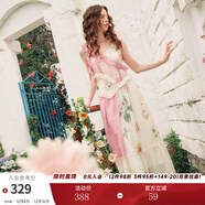 兩三事兩三事梵高文藝 花嶼捕夢(mèng) 2025夏季新款拼布印花荷葉邊吊帶連衣裙 粉色-y L
