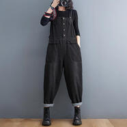 ANBIEM韓版牛仔背帶褲女秋冬特大碼胖mm顯瘦設計感純色闊腿黑色連體長(cháng)褲 牛仔黑單褲子 M  【建議95-115斤夠寬松】