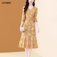 歐迪鳥(niǎo)（ODYBIRD）正式場(chǎng)合連衣裙女2025秋季新款氣質(zhì)優(yōu)雅繡花V領(lǐng)收腰顯瘦裙子 黃色 M