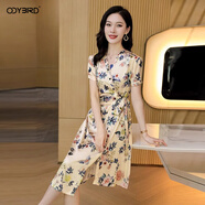 歐迪鳥(niǎo)夏季新款重磅真絲連衣裙大牌氣質(zhì)洋氣印花高檔桑蠶絲法式茶歇裙女 米色 2XL