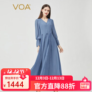 VOA真絲喬其紗月藍色木耳邊V領(lǐng)喇叭長(cháng)袖褶皺大擺桑蠶絲連衣裙 AE1036 浣溪紗-月藍（A23） M