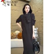 啄木鳥(niǎo)圣誕節新年過(guò)年戰袍紅色圍脖可拆卸毛衣裙女秋冬季打底針織連衣裙 灰色【連身裙/圣誕穿搭/裙子女秋冬/連衣裙2024 XL 135-155斤