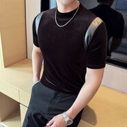 南極人金絲絨半高領(lǐng)T恤男短袖春夏時(shí)尚拼皮修身彈力打底衫休閑通勤體恤 咖啡色 M 【100-115斤】