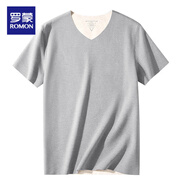 羅蒙280g羊毛桑蠶絲男士保暖貼身無(wú)縫V領(lǐng)短袖t恤2025秋冬天鵝絨底上衣 羊毛桑蠶絲-淺灰 XL 【135-150斤】修身