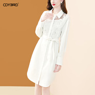 歐迪鳥(niǎo)（ODYBIRD）白色氣質(zhì)翻領(lǐng)襯衫連衣裙2025秋季新款長(cháng)袖鏤空刺繡中長(cháng)款裙子 白色 S