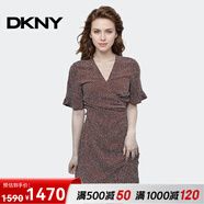 唐可娜兒（DKNY）【京東奧萊】新款V領(lǐng)印花連衣裙女夏季短袖收腰時(shí)尚中長(cháng)款裙子W13 W1312T06-220 S