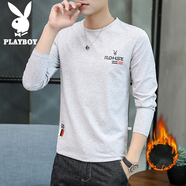 花花公子（PLAYBOY）長袖t恤男春秋新款百搭休閑寬松衛(wèi)衣男潮流時尚純色圓領(lǐng)上衣男裝 灰色 加絨 L
