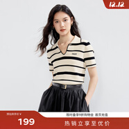 伊芙麗（eifini）伊芙麗POLO領(lǐng)條紋撞色針織衫2024夏裝新款經(jīng)典休閑 黑色 針織衫預售 S 155/80A