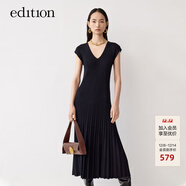 edition女V領(lǐng)中長(cháng)款毛針織收腰無(wú)袖連衣裙百褶裙 黑色 M 165