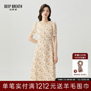 深呼吸DEEP BREATH女裝V領(lǐng)中長(cháng)高腰泡泡袖收腰碎花連衣裙A500197 杏-黃花 M (3碼)