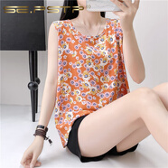 夏典素訂女王（SE.PSTP）素訂女王大碼女裝2025胖MM夏裝新款復古棉綢小吊帶背心法式寬松人 橙底雛菊 M 建議95斤-105斤