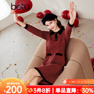 百圖betu女裝冬季新款連衣裙混色紗減齡長(cháng)袖毛織連衣裙女2312T28 棗紅色 S