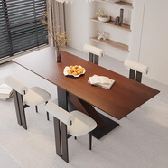 才晏中古實(shí)木餐桌法式復古風(fēng)創(chuàng  )意設計師款家用長(cháng)方形胡桃色吃飯桌 白蠟桌160+河馬椅*4