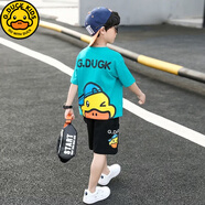 G.duck兒童純棉T恤男孩夏季男童短袖中大童2025夏款衣服韓版潮流兩件套 黑色褲子 150 建議身高135-145cm