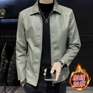 新款翻領(lǐng)皮夾克潮流修身機車(chē)休閑韓版CLp推翻領(lǐng)加絨皮夾克jd 淺綠加絨 5XL 建議185-210斤