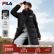 FILA 斐護科技|斐樂(lè )官方女裝長(cháng)款羽絨服舒適保暖連帽外套 正黑色-BK L 170/88A
