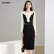 歐迪鳥(niǎo)（ODYBIRD）名媛氣質(zhì)包臀連衣裙女秋季2025新款荷葉邊收腰撞色假兩件裙子 黑色 M
