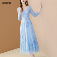 歐迪鳥(niǎo)（ODYBIRD）時(shí)尚氣質(zhì)網(wǎng)紗刺繡連衣裙女2025秋季新款洋氣減齡釘珠中長(cháng)裙子 藍色 S