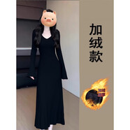 依樂(lè )琦黑色包臀裙裙女秋冬季常規內搭打底長(cháng)款子老錢(qián)風(fēng)冬 黑色v領(lǐng)收腰連衣裙【加絨款】 L