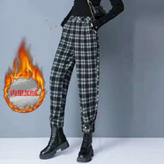 俞兆林（YUZHAOLIN）高腰毛呢休閑哈倫褲女2025秋冬新款松緊高腰寬松顯瘦黑白格束腳褲 黑白格 加絨 L 28建議106-115斤