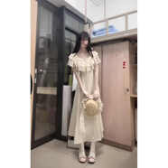 氣質(zhì)日系甜美復古斗篷蕾絲新款夏季蝴蝶結收腰a字裙荷葉邊連衣裙 連衣裙（淺杏色） 【綁帶面在背后】 M  建議95-105斤