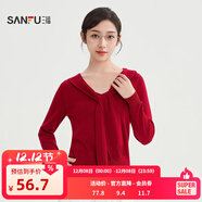 三福毛衣2025秋季綁帶V領(lǐng)蕾絲拼接下擺假兩件上衣女裝507322 大紅 L