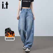 izzue it美式復古加絨加厚牛仔褲女冬季高腰顯瘦寬松百搭舒適彎刀長(cháng)褲