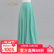 VOA100%真絲喬其紗自然腰隱形側拉鏈雙層褶皺大擺桑蠶絲半身裙 CE152 浣溪紗-翠綠(G36) L