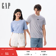 GAP男女裝2025夏季新款logo條紋純棉短袖T恤常規上衣美版 藏藍色條紋 768022 S 美碼 M亞洲碼175/92A 【偏大，建議拍小一碼】