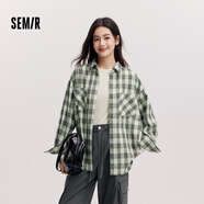 森馬（Semir）長(cháng)袖襯衫女春季中長(cháng)款oversize翻領(lǐng)落肩格紋女生襯衣101125105007