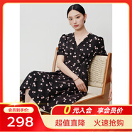 敦奴（DUNNU）dunnu敦奴2024夏季新款中長(cháng)款法式V領(lǐng)印花雪紡連衣裙女 正黑色 S