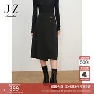 玖姿·安娜蔻法式復古松緊羊毛褶皺半身裙腰裙女冬款 素黑 L