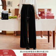 香影黑色燈芯絨直筒褲女2025秋季新款蕾絲抽繩松緊腰寬松闊腿褲子 黑色 M 160/64A/95-110斤