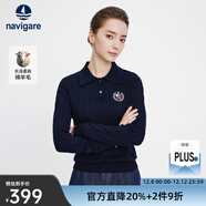 Navigare意大利小帆船羊毛衫女士秋冬款翻領(lǐng)毛衣內搭絞花毛衣刺繡打底衫女 海軍藍 XL 52