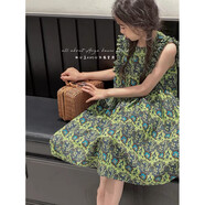 韓國童裝夏裝女童碎花連衣裙兒童無(wú)袖裙子2024新款夏天女孩公主裙 綠色 均碼 120cm