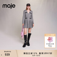 Maje秋冬女裝時(shí)尚千鳥(niǎo)格黑白格紋紋理V領(lǐng)短款百褶連衣裙 黑白色 T36