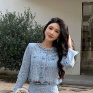 白色蕾絲性感透視開(kāi)衫上衣魚(yú)尾半身長(cháng)裙感法式小香風(fēng)仙氣套裝 淺藍色上衣 S