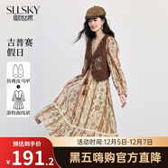 熙世界（sllsky）「游牧曲線(xiàn)裙」波西米亞度假風(fēng)復古印花V領(lǐng)連衣裙秋女裝 可可棕 M