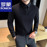 羅蒙秋冬厚款拼接假兩件毛衣男設計感毛呢襯衫袖撞色V領(lǐng)針織衫修身潮 黑色 M