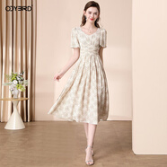 歐迪鳥(niǎo)氣質(zhì)法式印花連衣裙女夏季2025新款收腰顯瘦釘珠短袖碎花裙子 花色 S