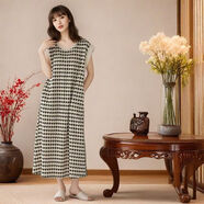 南極人條紋睡裙無(wú)袖夏薄款帶胸墊休閑背心連衣裙大碼睡衣家居服 黑色 南極人-干鳥(niǎo)格帶胸墊睡裙 L