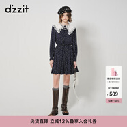 DZZIT地素波點(diǎn)長(cháng)袖連衣裙春秋法式蕾絲娃娃領(lǐng)設計感小眾 深藍色 S