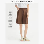 佐丹奴亞麻短褲女夏梭織棉麻褶皺高腰寬松薄款休閑中褲女05403307 02煙栗棕 28