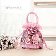 暢印 民族風(fēng)繡花手提包逛街買(mǎi)菜手拎小布包手機包中老年抽帶水桶包 粉紅色